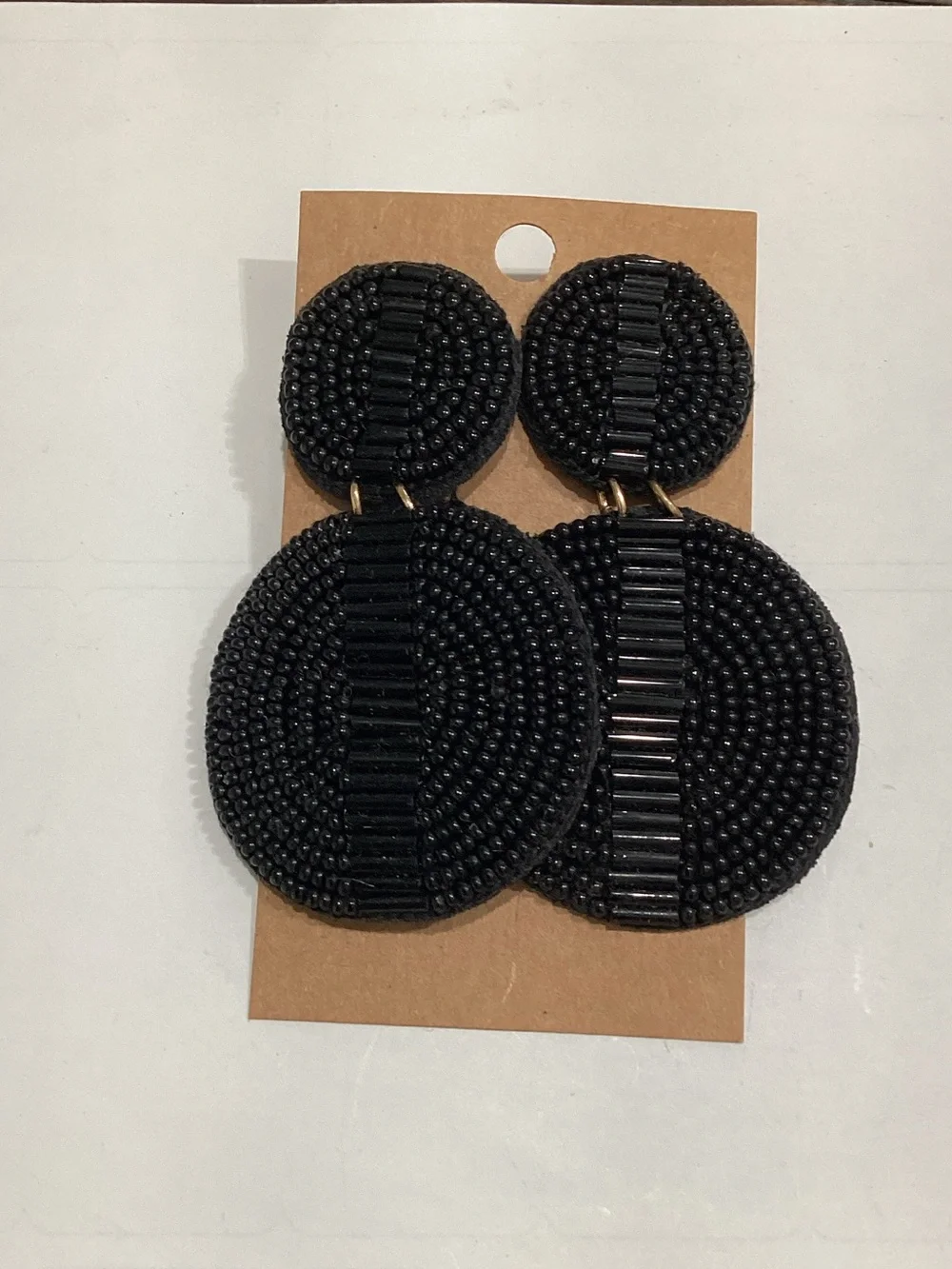 Black Beaded Double Disc Drop Earrings